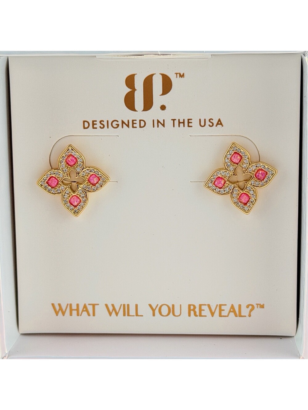 Bomb Party October Clover "Designer Agenda Studs" Pink Fire Opal on Yellow Gold